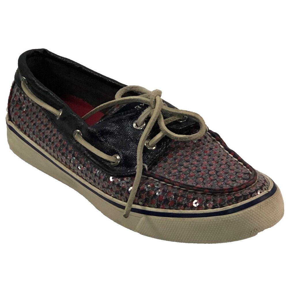 Sperry Shoes Women' Size 8M Red & Navy Sequins Top-Sider Boat Shoes  D12-CH171